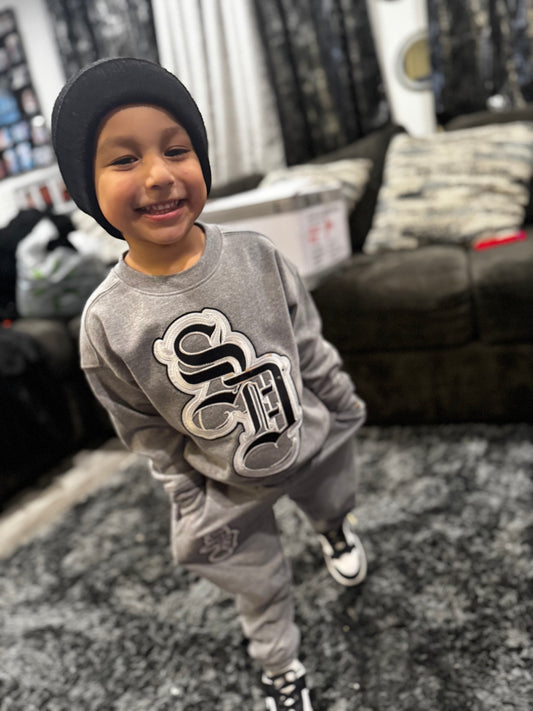 Kids Grey Stitched Crew & Sweats Set